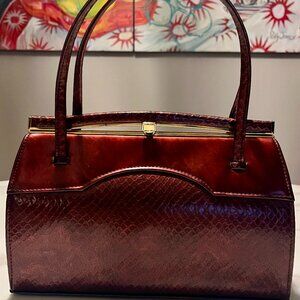 Vintage 1950s Holmes of Norwich Burgundy Reptile Embossed Leather Frame Handbag